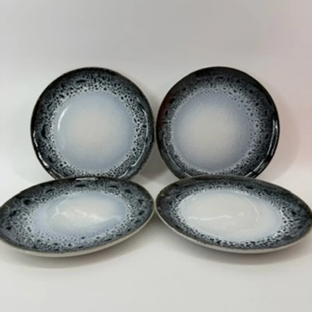 West Elm Reactive Glaze Salad Plates Set of 4 Black‎ White Stoneware Portugal
